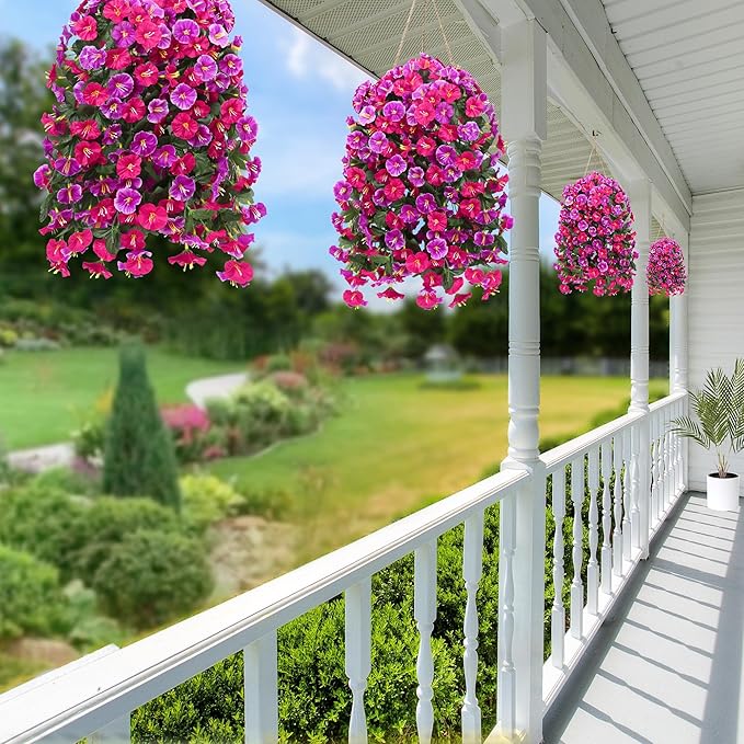 Artificial Fake Hanging Flowers Plants for Outdoor Outside Spring Summer Decoration 4PCS Faux Silk UV Resistant Realistic Morning Glory Trailing Vines for Home Porch Patio Balcony(Rose red & Magenta)
