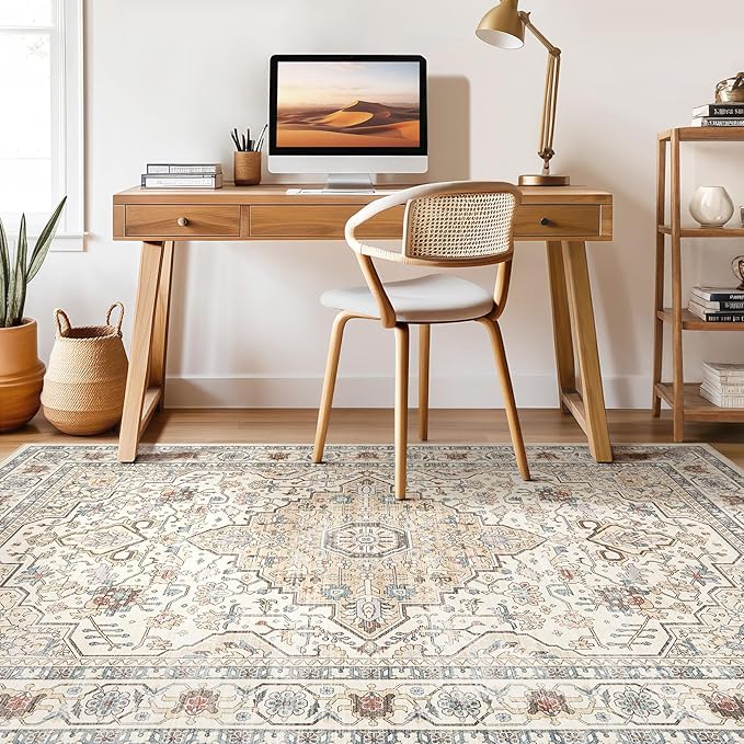 10x14 Area Rugs Living Room: Washable Boho Large Neutral Vintage Soft Rug Stain Resistant Farmhouse Non Slip Indoor Floor Carpet for Bedroom Nursery Kids Playroom Office Dining Room- Cream Blue