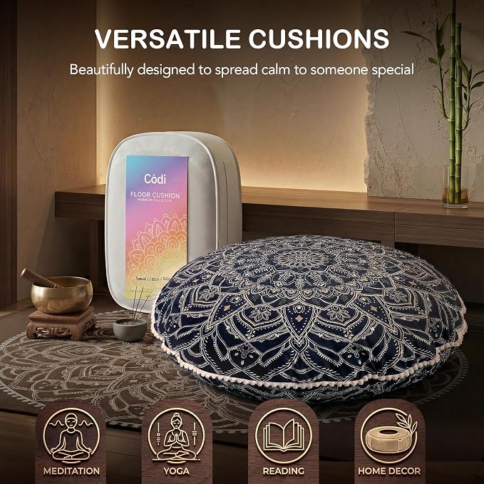 Codi Meditation Cushion for Adults - 32" Large Floor Pillow with Supportive Shredded Memory Foam - Round Zabuton with Washable Cover, Bohemian Mandala Seating for Yoga and Mindfulness, Black