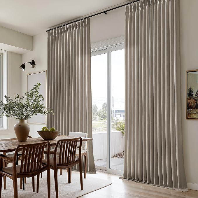 Greyish Beige Pinch Pleated Linen Curtains 120 Inch Length 2 Panels Set for Living Room Bedroom Light Filtering Taupe Greige Brown Semi Sheer Window Curtain Boho Neutral Pinch Pleat 120 Inch Drape