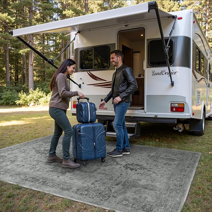 GENIMO Outdoor & Indoor Area Rug 6'x9', Waterproof, Non-Shedding, Easy Cleaning, Boho Mat for Patio, Living Room, Balcony, Dining Room, RV, Deck, Bedroom, Camping, Outside Carpet,Dark Grey