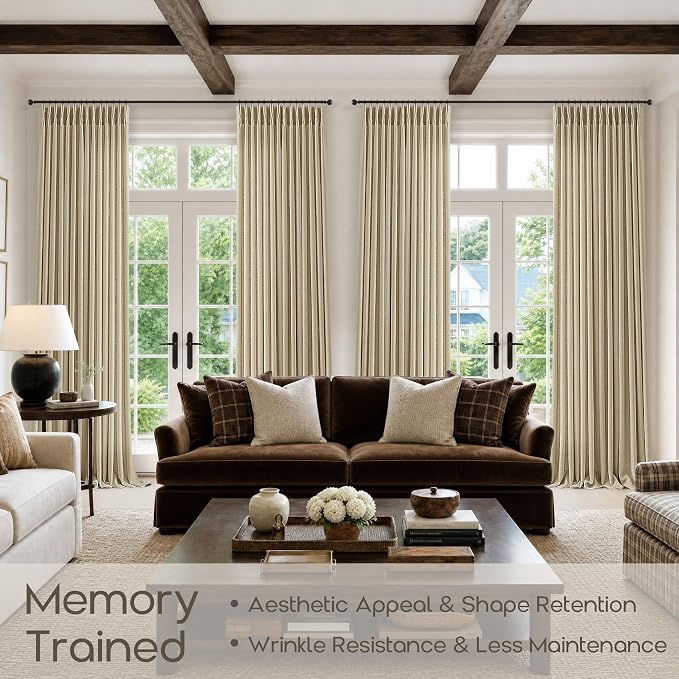 108 Inch Pinch Pleated Warm Beige Curtains for High Bedroom Living Room Oatmeal Light Filtering Drapes with Back Tab Hooks Rings Neutral Memory Shaped Pinch Pleat Floor Length Curtains 2 Panels