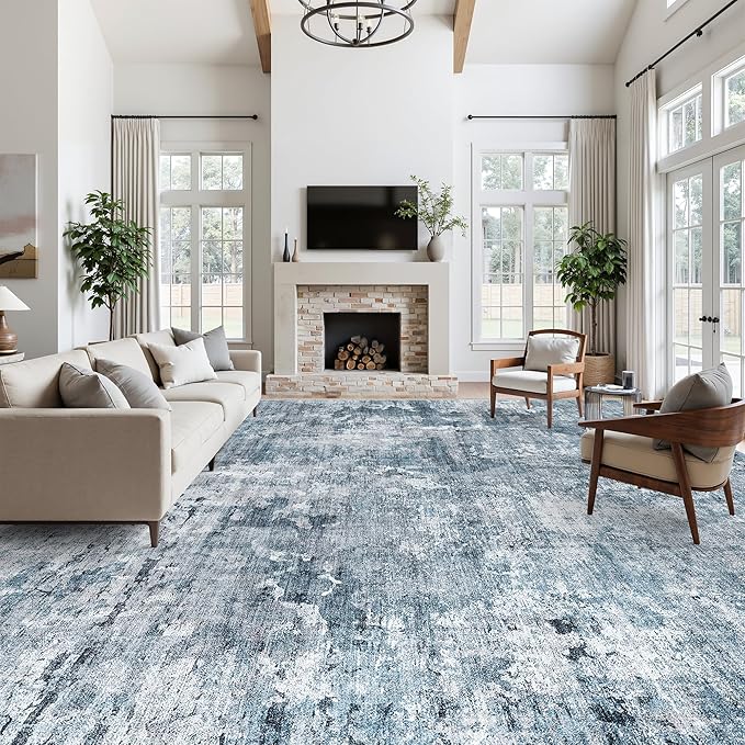 Soalmost 12x15 Washable Area Rug Blue/Grey Neutral Abstract Living Room Large Carpet Non Slip Bedroom Indoor Office Dining Room Low Pile Thin Rug