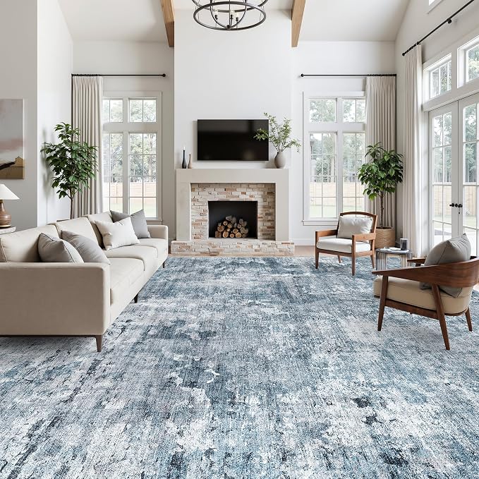Soalmost 10x14 Area Rugs for Living Room, Non Slip Machine Washable Vintage Rugs, Low Pile Lightweight Large Rug for Bedroom, Dining Room, Home Office Blue