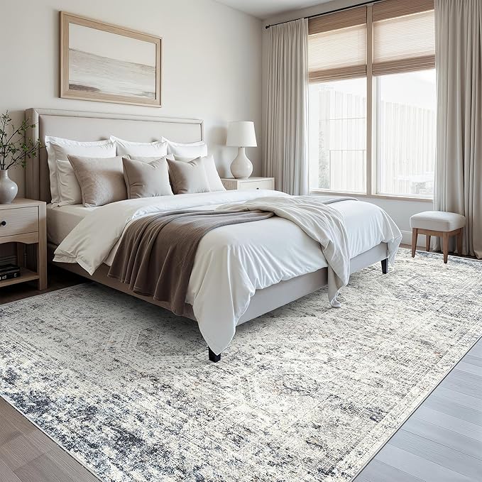 Soalmost Washable Area Rug 8x10, Large Soft Rugs for Living Room Vintage 8x10 Area Rugs for Bedroom Dining Room Non-Slip Stain Resistant Under Table Blue Ivory Rug