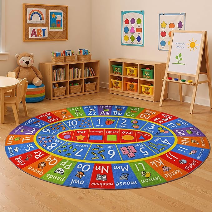 KC Cubs Educational Kids Rug – ABC Alphabet, 123 Numbers & Shapes Learning Mat – Soft Interactive Carpet for Classroom, Playroom & Bedroom 5x7 Oval