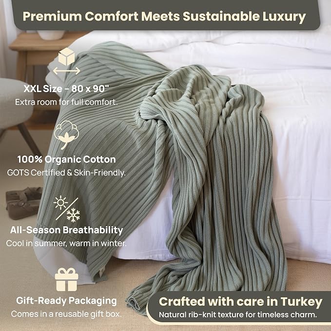 100% Organic Cotton Knit Blanket Denise, Soft and Lightweight, Breathable All-Season Throw for Bed, Sofa, or Lounge Area -GOTS Certified-Perfect for Home and Bedroom Styling (Green, 60x80)