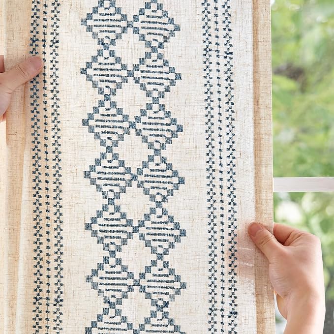 jinchan Boho Curtains Linen Blend Beige Farmhouse Curtains 96 Inches Long for Living Room Blue Square Embroidered Bordered Back Tab Bedroom Window Light Filtering Bohemian Drapes 2 Panels
