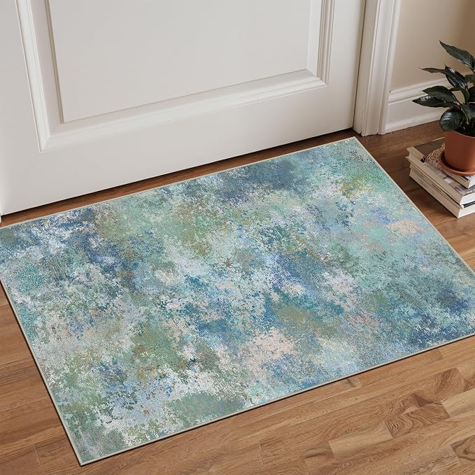 BEIMO 2x3 Rugs for Entryway Entrance Kitchen Bathroom, Machine Washable Rug Modern Abstract Soft Area Rug, Low Pile Indoor Floor Carpet with Non Slip Backing, Blue Green
