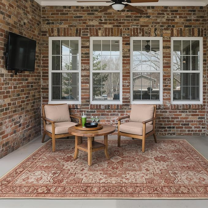 GENIMO Outdoor & Indoor Area Rug 6'x9', Waterproof, Non-Shedding, Easy Cleaning, Boho Mat for Patio, Living Room, Balcony, Dining Room, RV, Deck, Bedroom, Camping, Outside Carpet,Brown Red