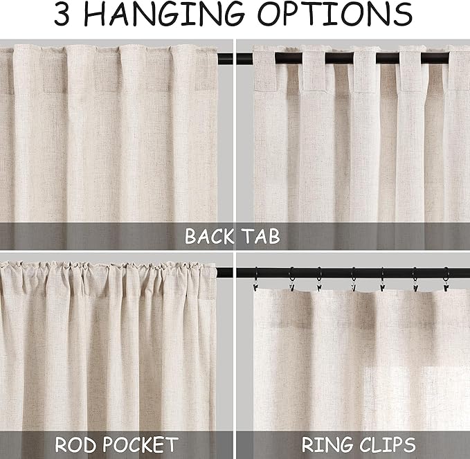 Beige Kitchen Cafe Curtains 45 Inch Length 2 Panel Set Back Tab Pocket Semi Sheer Light Filtering Short Curtain Natural Farmhosue Small Curtains for Basement Window Bathroom Living Room 52x45