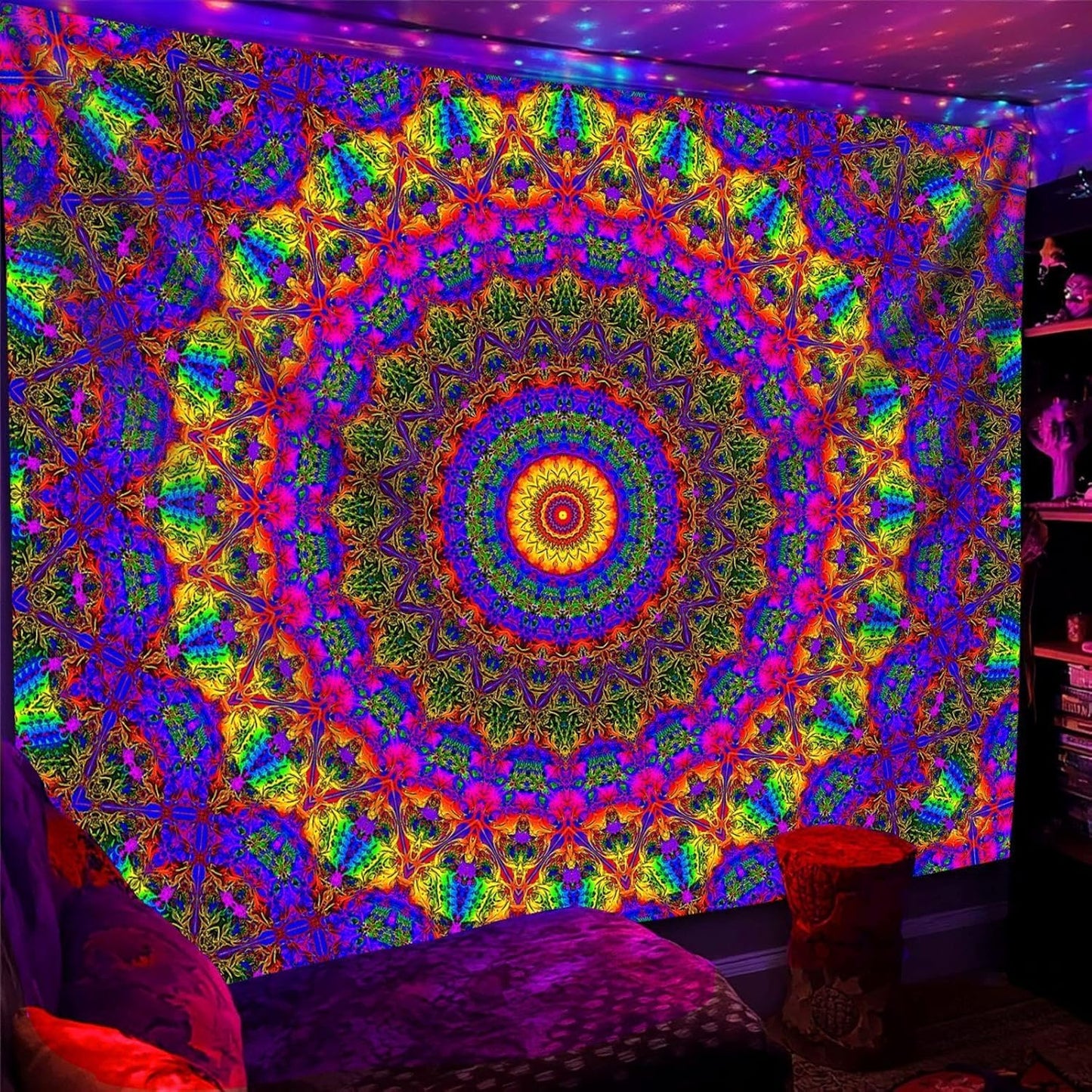 PSYHILAR Blacklight Mandala Boho Tapestry, Black Light Bohemian Hippie Poster for Adults and Teens, Aesthetic Colorful UV Reactive Wall Art Decor for Bedroom (60 x 50 Inches)