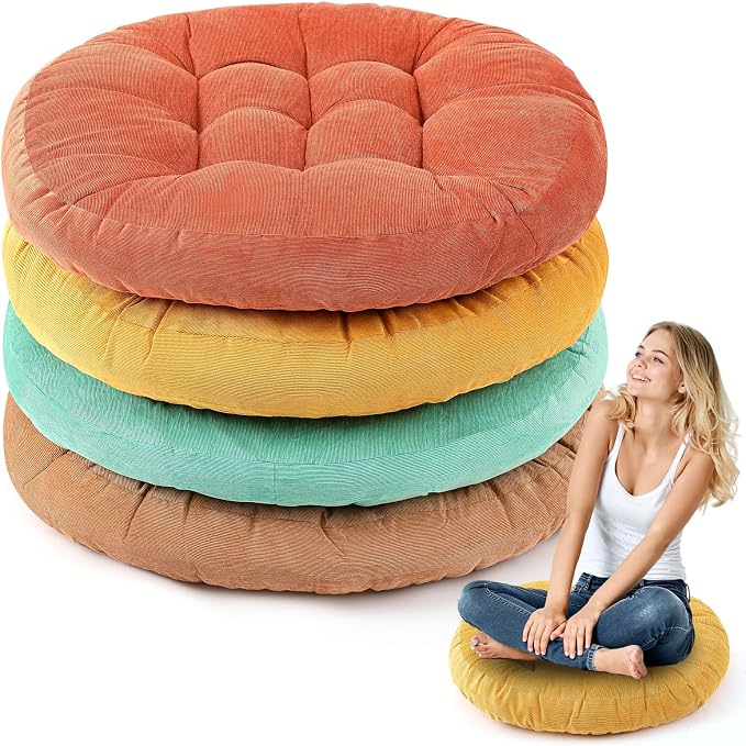 Jerify 4 Pcs Floor Pillow Cushions Large Round Square Large Meditation Floor Pillow for Classroom Adult Meditation Picnic Party Seating Learning Daycare School (Round,Yellow Green)