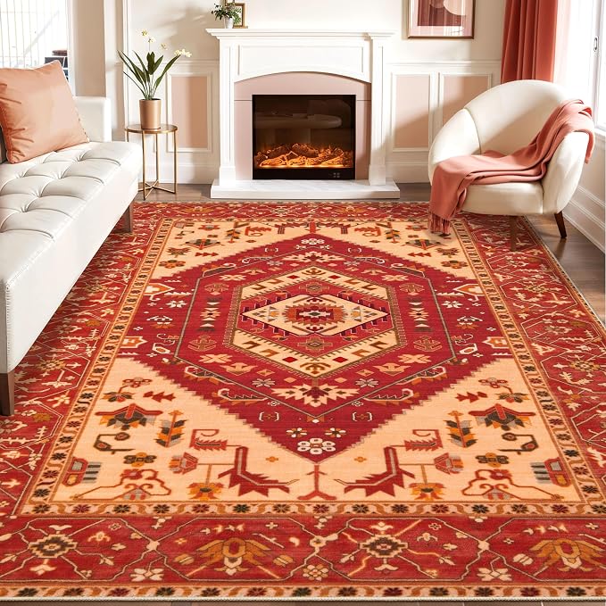 SERISSA Washable Rugs 8x10 Area Rugs, Large Non-Slip Boho Living Room Rug, Ultra Soft Oriental Vintage Red Print Distressed Carpet for Dining Room Bedroom Dorm Office Home Decor