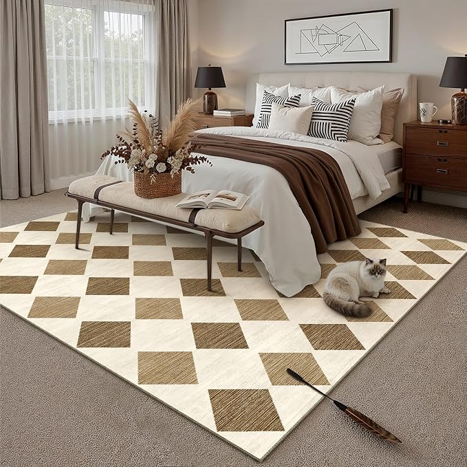PureCozy 6x9 Checkered Area Rugs for Living Room Brown Machine Washable Large Rug Non-Slip Stain Resistant Low Pile Boho Accent Indoor Throw Carpet for Bedroom Dining Room Classroom