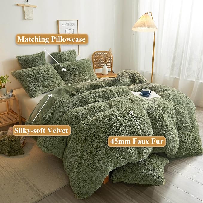 XeGe Plush Shaggy Duvet Cover Set, Luxury Soft Crystal Velvet Fluffy Furry Bedding Sets 3 Pieces(1 Faux Fur Fuzzy Comforter Cover + 2 Faux Fur Throw Pillow Shams), Zipper Closure (King, Sage Green)