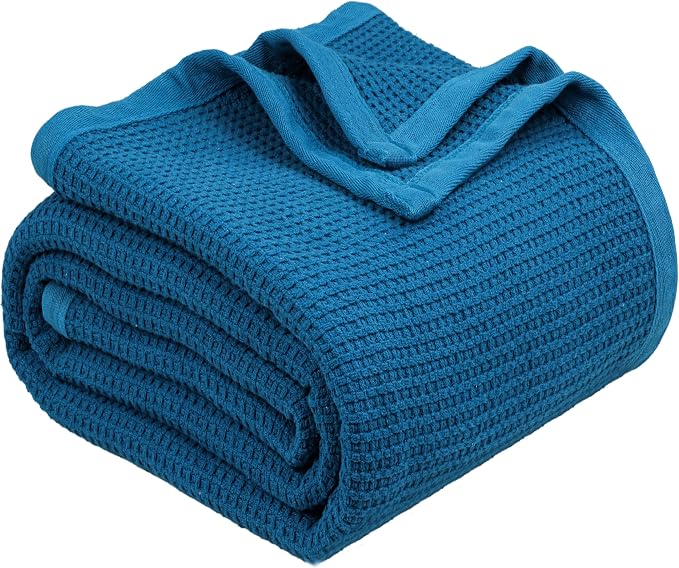 TreeWool Premium 100% Cotton Waffle Queen Blanket (90"x90", Teal) | Breathable Lightweight Moisture Wicking Soft Knit Thermal Blanket for Summer, Bed or Sofa All-season Comfort Machine Washable