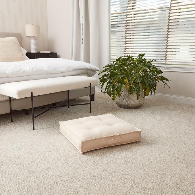 Square Tufted Floor Pillow with Removable Cover, Cream, Small (24")