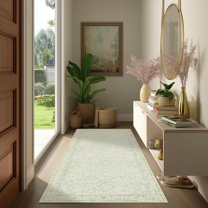 Sage Green 2x6 Runner Rug for Hallway Bathroom Washable Non Slip Vintage Boho Floral Long Runners Rugs for Entryway Indoor Bath Floor Kitchen Light Green Low Pile 2x6 Laundry Room Rug Runner