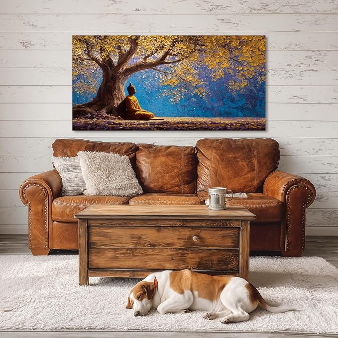 Ggaafet Gold Buddha Wall Art for Living Room Canvas Painting Prints Golden Tree Buda Calming Buddhist Art Deco Fantasy Artwork Office Bedroom Listening Dining Room Decor Extra Large