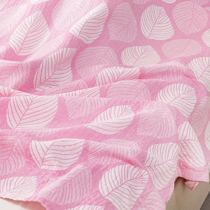 MEJU Leaf Pink Kids Young Girls Muslin Lightweight Blanket for Bed Sofa Couch 100% Combed Cotton 3 Layer Soft Warm Reversible Modern Throw Blanket Bedspread Bed Coverlet Twin 60 in x 80 in