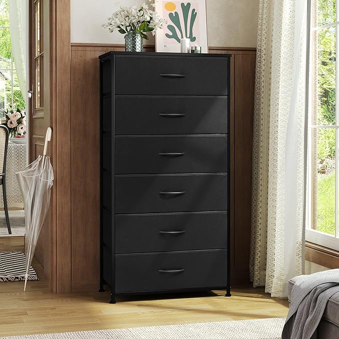 Crestlive Products Dresser for Bedroom with 6 Drawers, Tall Chest of Drawers, Black Dressers Bedroom Furniture, Storage Organizer Unit with Bins for Closet, Hallway, Living Room, Entryway
