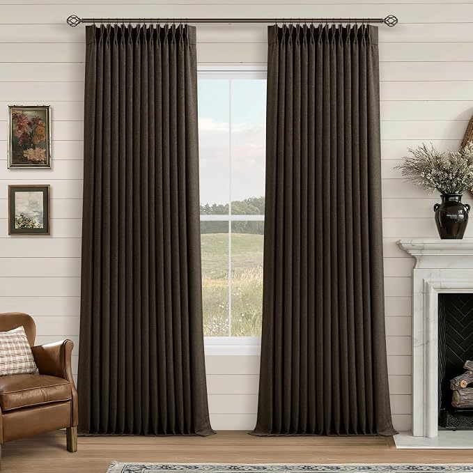 Brown Chocolate Double Layer Linen Blackout Curtains 105 Inches Long for Bedroom, Memory Trained Pinch Pleated Insulated Rustic Windows Curtain Room Darkening 105 Inch Length Drapes 2 Panels Set