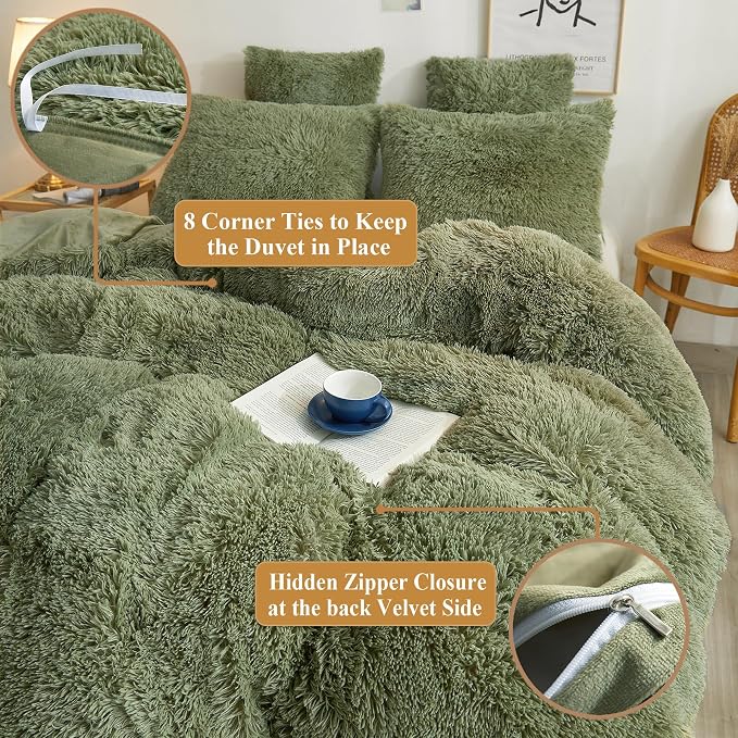 XeGe Plush Shaggy Duvet Cover Set, Luxury Soft Crystal Velvet Fluffy Furry Bedding Sets 3 Pieces(1 Faux Fur Fuzzy Comforter Cover + 2 Faux Fur Throw Pillow Shams), Zipper Closure (Queen, Sage Green)