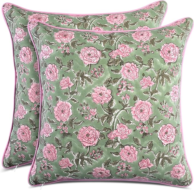 CPC 100% Cotton Throw Pillow Covers 20x20 Inch, Set of 2 Pink Block Print Pattern Couch Pillow, Cute Boho Decorative Pillows for Living Room, Bedroom with Hidden Zipper- Pink Tourmaline