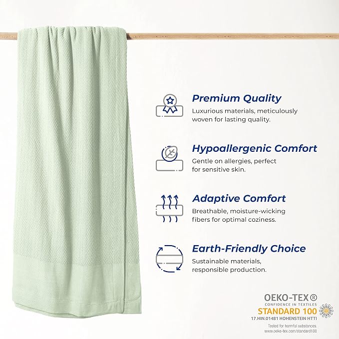 THREAD SPREAD Organic GOTS Cotton Blanket, Full/Queen - 350 GSM, Antistatic, Fuzzy Soft, Lightweight, Sofa, Camping & Travel, Perfect Herringbone All Seasons Throw, Sage Green + Stylish Bonus Tote Bag