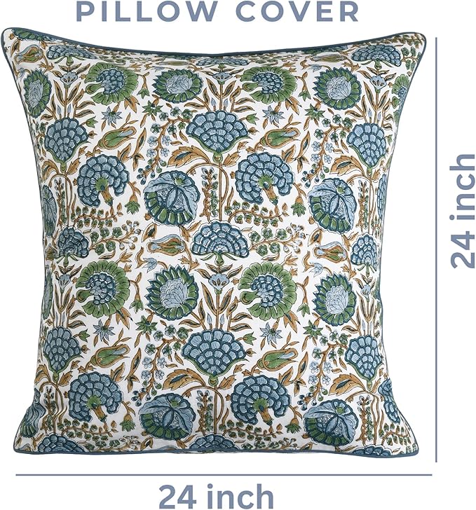 Ridhi Block Print Asparagus Green Pillow Cover 24" x 24" (Pack of 2) Decorative Couch Pillows for Living Room, Chic Boho Cute Outdoor Pillows Covers Gifts for Spring, Easter and Valentine