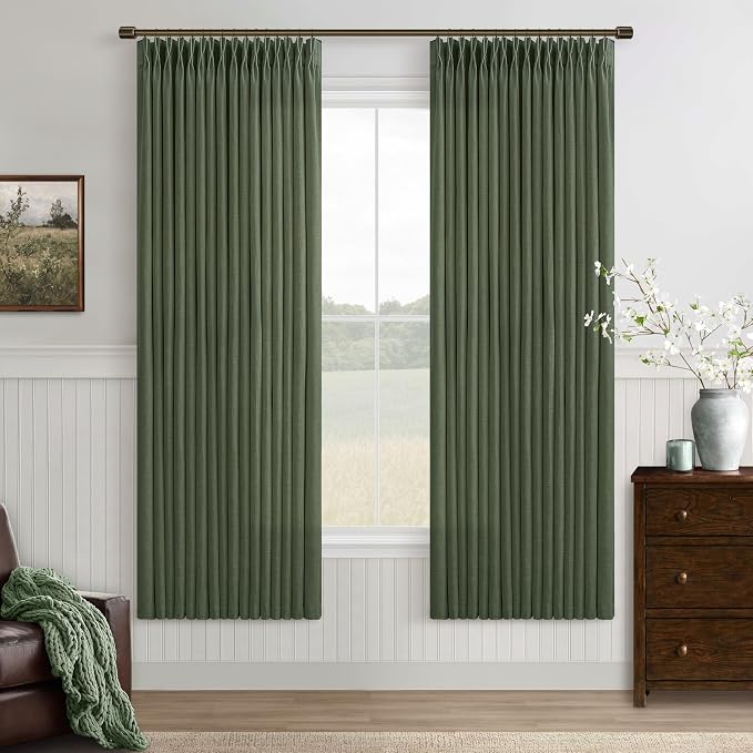 Pinch Pleat Olive Green 72 Inch Curtains for Bedroom Rustic Linen Blend Viral Pleated Semi Sheer Window Drapes Light Filtering Privacy Sunroom Cabin Closet Curtain Back Tab Loden Moss Green 50x72