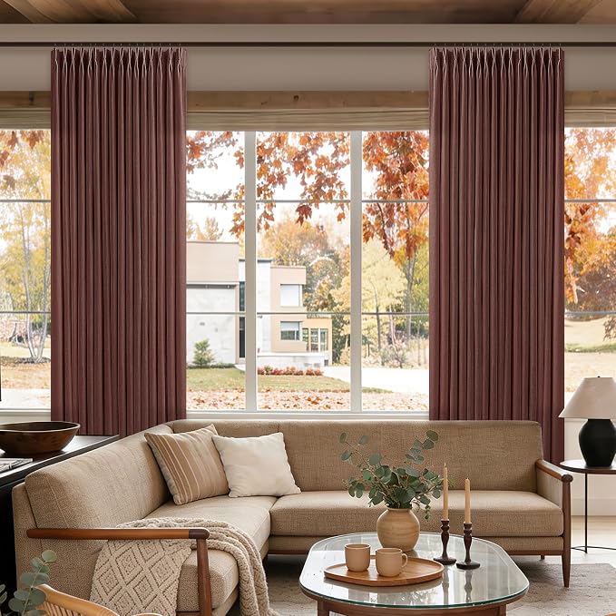 105 Inches Pinch Pleat Linen Blend Curtains 2 Panels Set Rustic Memory Trained Red Brick Back Tab Burlap Curtain with Hook Rings 50 Inch Wide Light Filtering Window Drapes for Living Room Bedroom