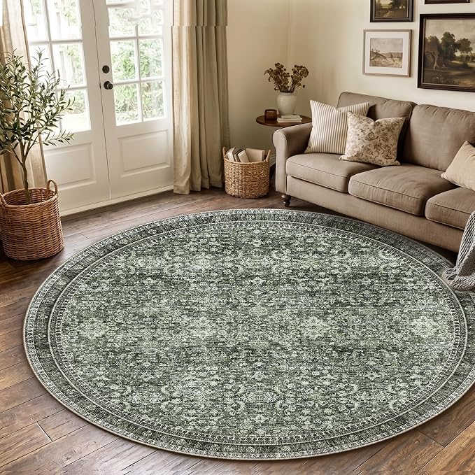 Sasttie Round Rugs 8ft, Ultra-Soft Washable Circle Rug, Low Pile Foldable Thin rugs with Non-Slip Backing, Skin-Friendly Stain Resistant Carpet for Living Room, Bedroom, Kitchen, Dorm, 8ft, Dark Green