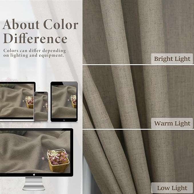 Extra Long Curtains 2 Panels Set Dark Taupe Linen Curtains 108 inches Long for Living Room Back Tab Extra Wide Curtain Neutral Farmhouse Semi Sheer Linen Drape Ceiling to Floor Length for Large Window