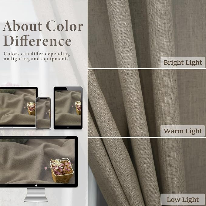 Pitalk Taupe Curtains 90 Inch Length 2 Panels Set Linen Light Filtering Sheer Light Brown Curtains for Living Room Bedroom Coffee Colored Primitive Drapes for Patio Sliding Door Back Tab Pocket 52x90