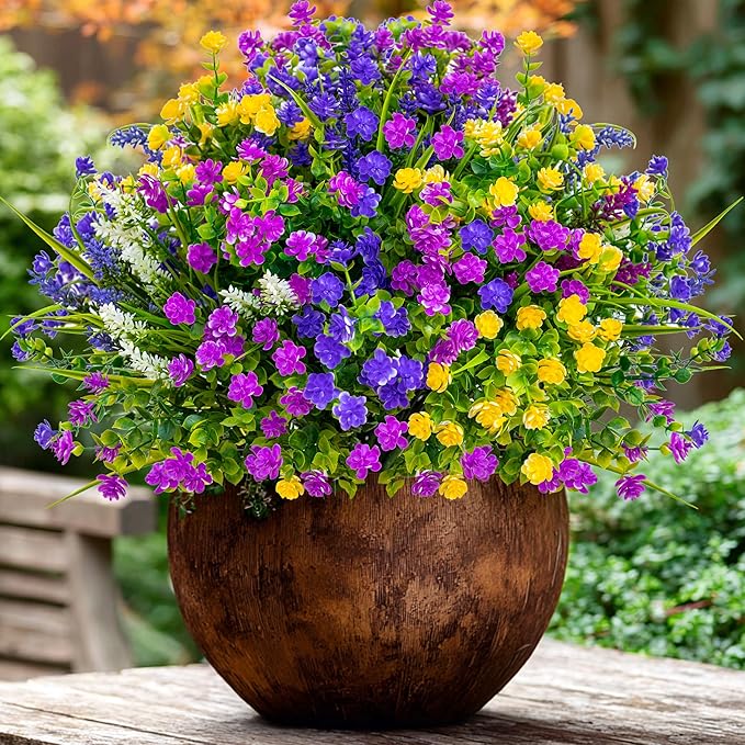 AXYLEX Artificial Flowers Outdoor Fake Plants - 12 Bundles UV Resistant Shrubs No Fade Faux Plastic Greenery Home Garden Porch Patio Decoration Indoor (1, Multi-12pcs)