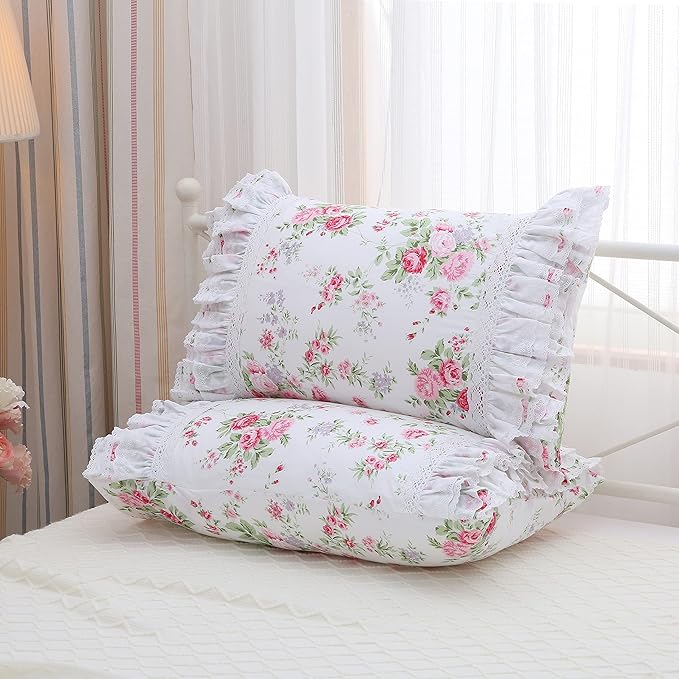 2-Pack Rose Floral Print Pillow Shams with Lace Ruffles Shabby Chic Queen Size Pillowcases 20 x 30 Country Vintage Style