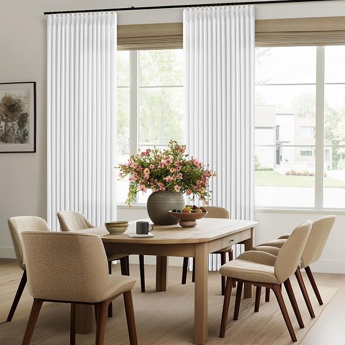 Extra Wide Pinch Pleated Linen Curtains 84 Inches Long 100 Inch Width for Living Room Bedroom Light Filtering Semi Sheer Pleat White Window Curtain Boho Pinch Pleated Drape Hooks Rings 1 Panel 100x84