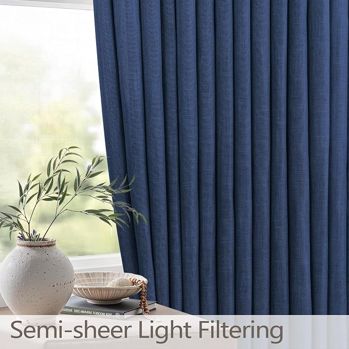 Navy Blue Curtains 63 Inch Length for Nursery Room Pair Set Back Tab Pinch Pleated Window Panel Semi Privacy Sheer Linen Textured Lightweight Navy Curtain for Boys Bedroom Game Gaming Room Indigo Blue
