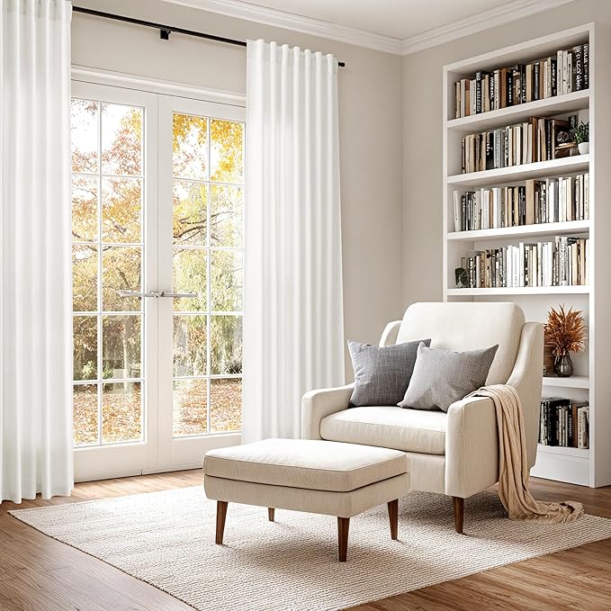 Nanspring Beige White Linen Curtains 84 Inches Long for Living Room Privacy Coastal Decor Semi Sheer Curtain Back Tab and Rod Pocket Light Filtering Drapes for Bedroom, 2 Panels 40 X 84