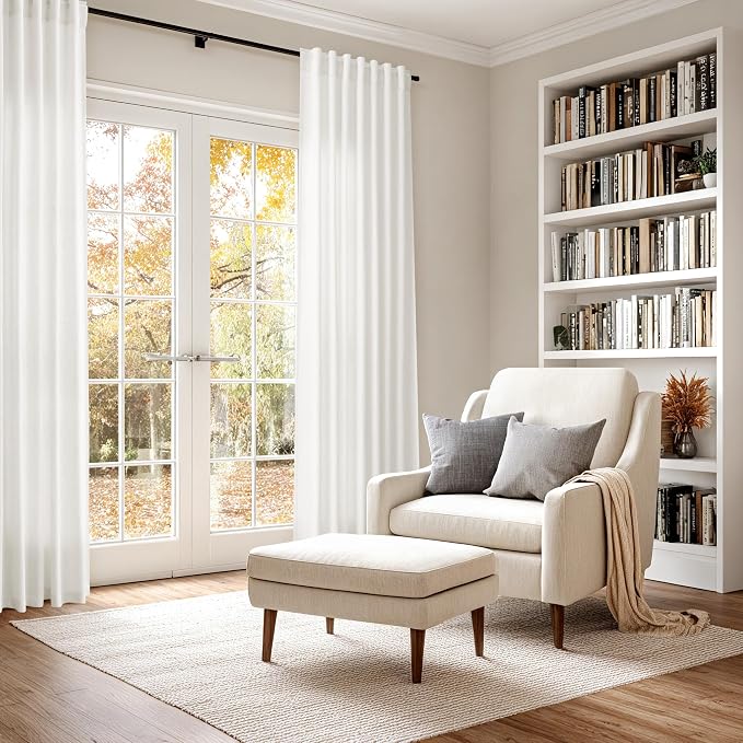 Nanspring Beige White Curtains Linen for Living Room 90 Inches Long Back Tab and Rod Pocket Semi Sheer Privacy Curtains Coastal Room Decor Curtain for Bedroom Dinner Room 70x90, 2 Panel