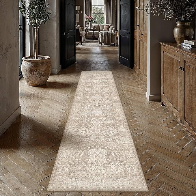 HUGEAR Hallway Runner Rugs 2x12 Beige Washable Rug Neutral Vintage Rug Carpet Distressed Soft Durable Non Slip No Shedding for Indoor Bedroom Kitchen Dining Nursery Laundry