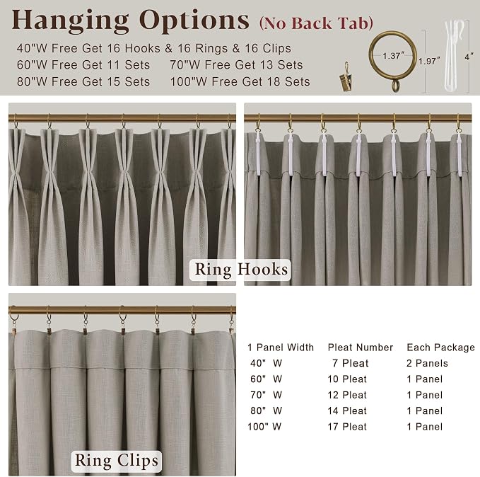 Taupe Linen Curtains 105 Inch Length 2 Panels Set Semi Sheer Light Filtering Privacy Window Drapes for Living Room Dark Flax Viral Pinch Pleated Curtains 105 Inches with Hooks Rings Burlywood Birch