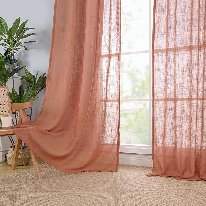 LAMIT Terracotta Linen Boho Curtains 80 inch Length, Light Filtering Semi Sheer Panels Back Tab and Rod Pocket Neutral Panels for Bedroom/Living Room, 52 x 80 Inch