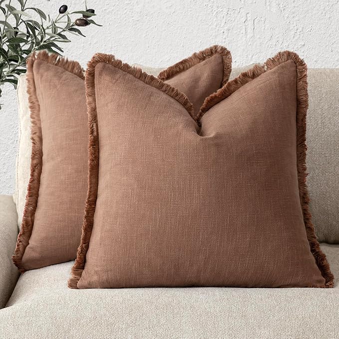 Foindtower Set of 2 Decorative Linen Fringe Throw Pillow Covers Cozy Boho Farmhouse Cushion Cover with Tassels Soft Accent Pillowcase for Couch Sofa Bed Living Room Home Decor, 16×16 Inch, Rust