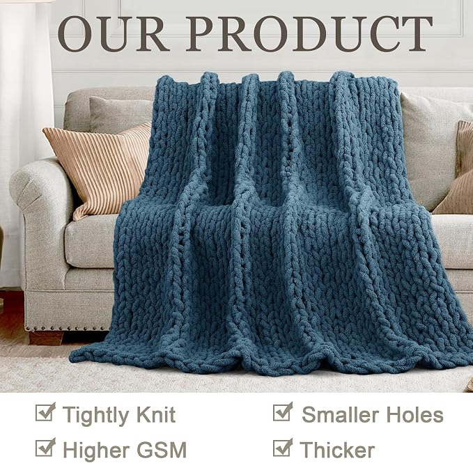 Chunky Knit Throw Blanket 60x80, 100% Handmade Chenille Yarn | 6.7lbs Soft Thick Cable Knitted Blankets, Large Rope Knot Crochet Throws for Couch Sofa Bed Machine Washable, Lyons Blue