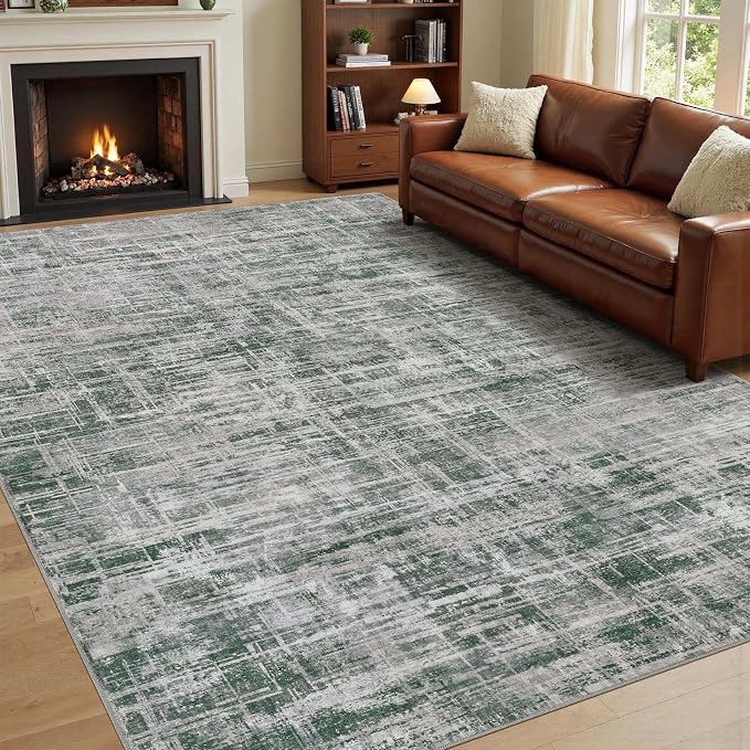 UERMEI 5x7 Washable Area Rug for Living Room: Modern Neutral Abstract Soft Low Pile Carpet Non-Slip Pet Kids Friendly Indoor Decor for Bedroom Dining Room Home Office Nursery Grey/Green