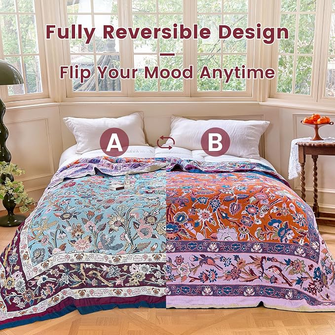 MSGKV Boho Throw Blanket for Couch 50"x60" 100% Cotton Sofa Floral Bird Blanket Summer Breathable Lightweight Muslin Home Decorative Blankets