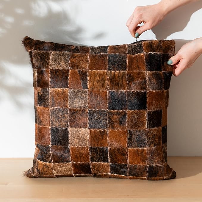 ecowhides 100% Genuine Brazilian Cowhide Patchwork Pillow – Brindle Handcrafted Design – Double-Sided – Luxury Leather Decorative Cushion for Rustic & Western Home Décor – 20” x 20”